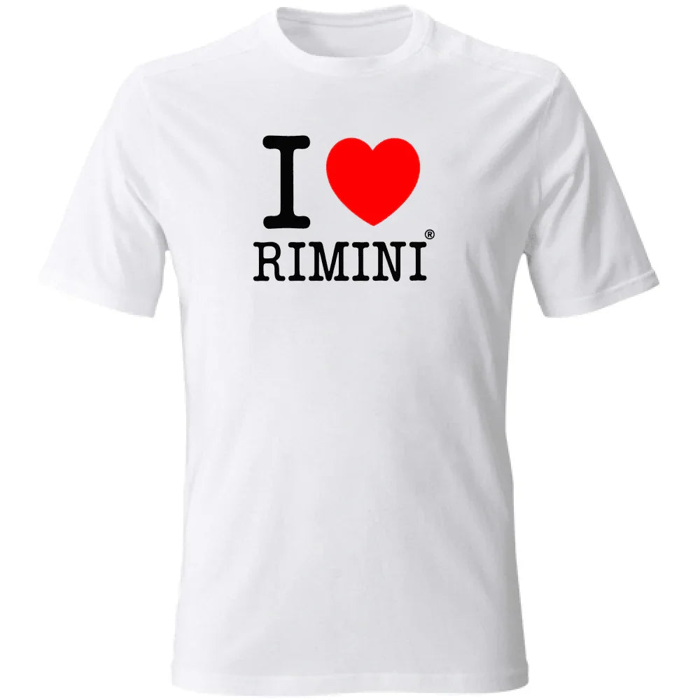 T-shirt bianca unisex streetwear con scritta I love Rimini, cuore rosso, cotone, stile urban