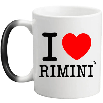 Tazza magica in ceramica bianca e nera con scritta I love Rimini, stile streetwear urbano