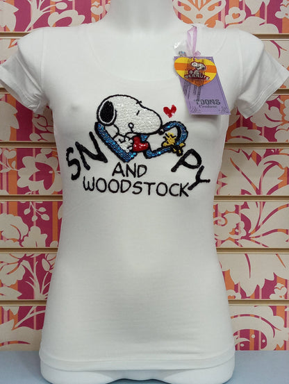 T-shirt donna bianca streetwear con pailettes, stampa Snoopy e Woodstock, stile urban